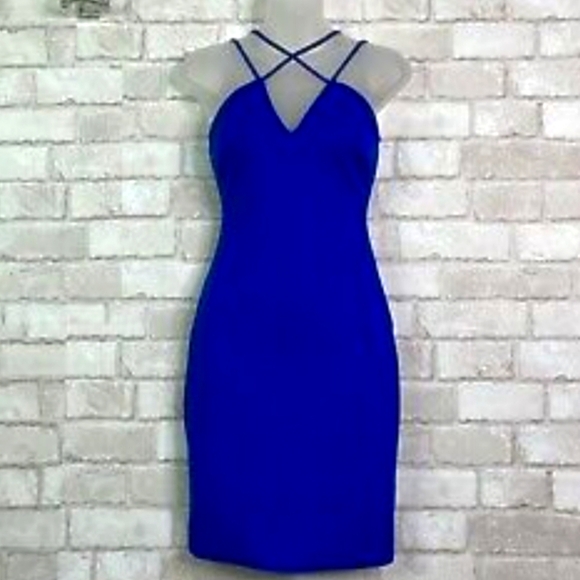 Guess Blue Women's Mini Strip Dress V Neck Crossed in front Size L - Picture 1 of 7